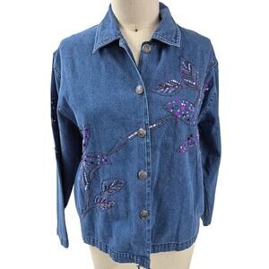 vtg y2k Tantrums Blue Denim Shirt  Jacket Pockets Purple Sequined Embroidery M